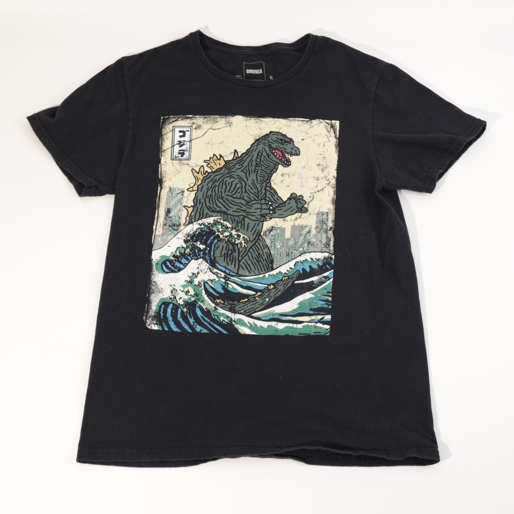 Godzilla Great Wave T Shirt Mens Small Black Graphic Tee Kaiju Movie Art Cotton